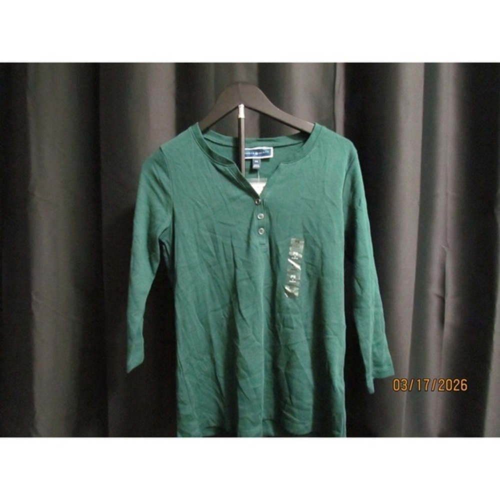 Karen Scott Womens Henley Top Forest Green 3/4 Sleeve Cotton Blend PS NWT